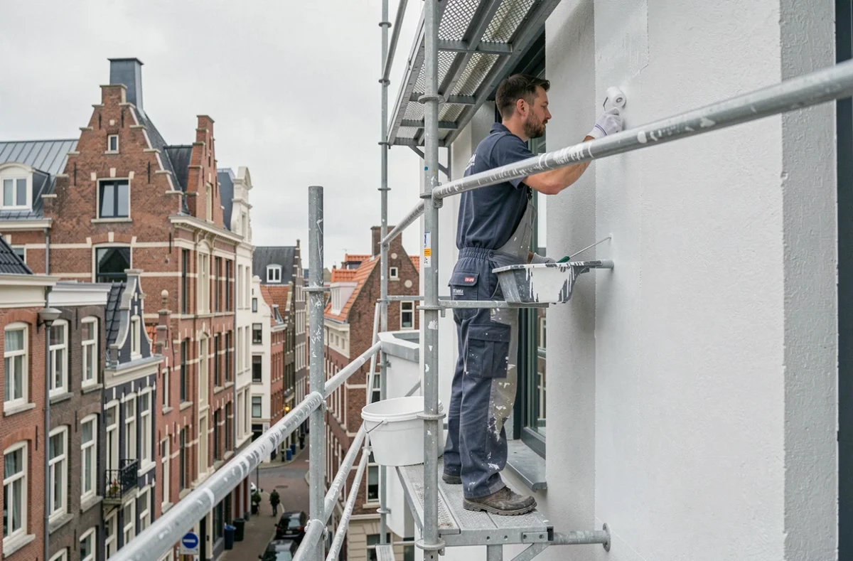 Peintre d'ADS Peinture appliquant de la peinture extérieure sur une façade urbaine à Lille
