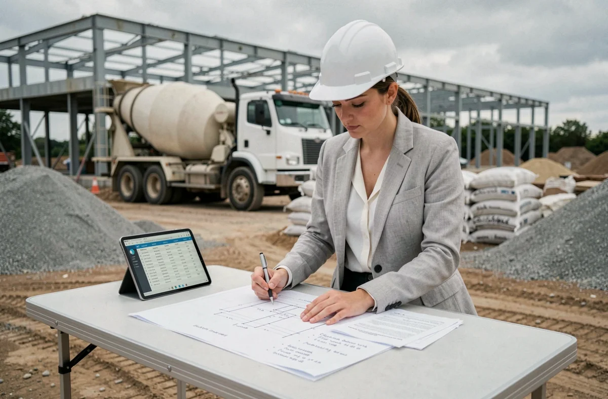 Architecte femme calculant les volumes de béton et les marges de perte sur des plans de chantier
