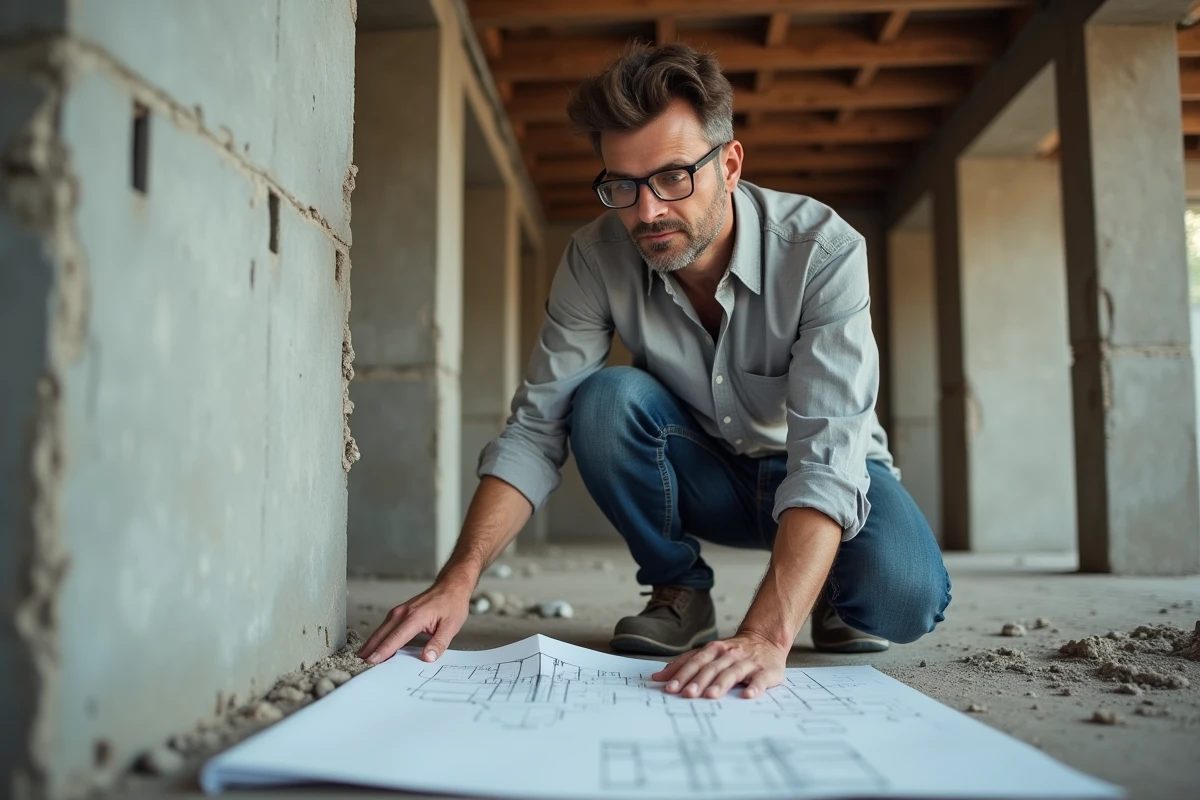 Architecte inspectant un mur de refend porteur dans un appartement en cours de restructuration avec plan en main