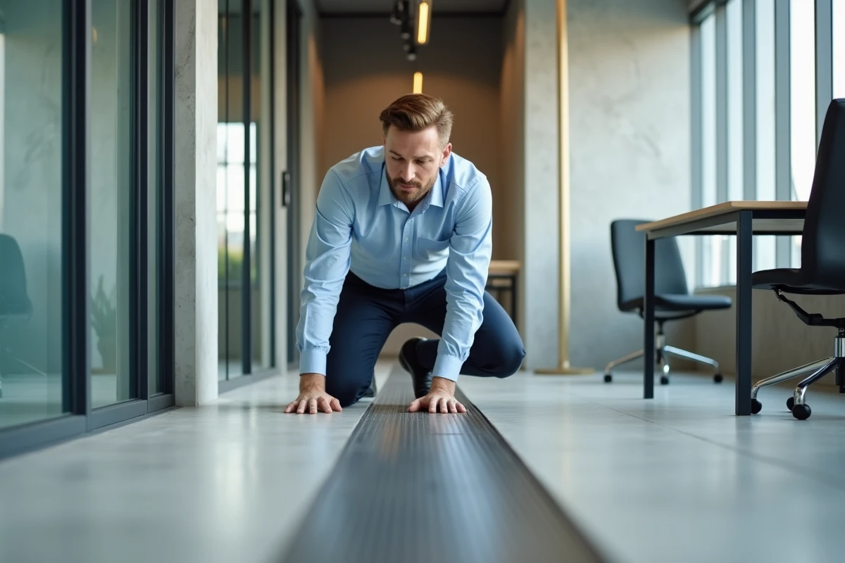 Architecte posant un plinthe métallique dans un couloir élégant