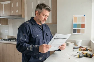 Artisan professionnel consultant un devis travaux dans une cuisine en rénovation