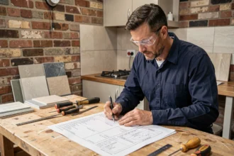 Artisan en blouse marine examinant un devis de travaux détaillé posé sur un établi en bois dans une cuisine en rénovation