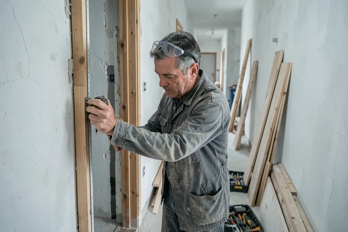 Artisan menuisier mesurant un encadrement de porte dans un couloir en cours de rénovation résidentielle