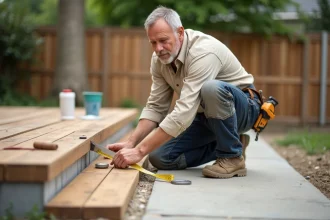 Artisan mesurant une terrasse en bois composite avec un mètre ruban pour établir un devis au m2