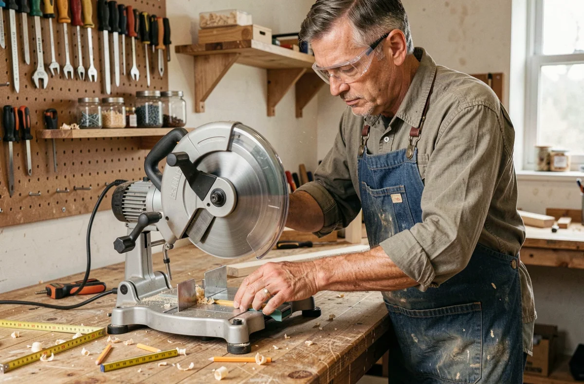 Artisan utilisant une scie radiale compacte dans un petit atelier en bois avec outils accrochés au mur