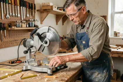 Artisan utilisant une scie radiale compacte dans un petit atelier en bois avec outils accrochés au mur