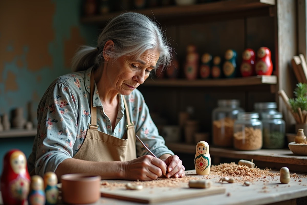 Artisane russe d'âge mûr peignant à la main une poupée matriochka dans son atelier traditionnel, entourée de pots de peinture et de poupées finies