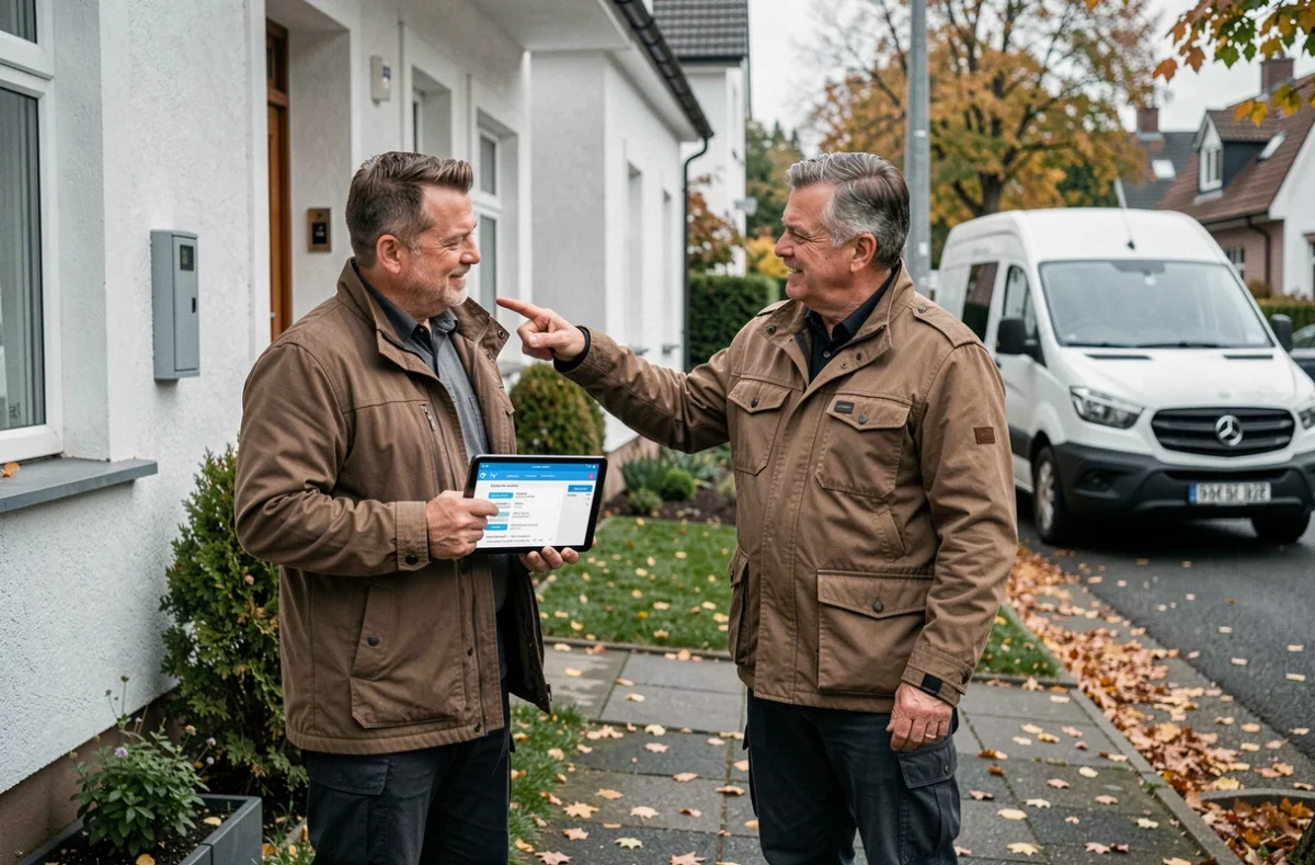 Deux artisans consultant un devis numérique devant une maison à rénover
