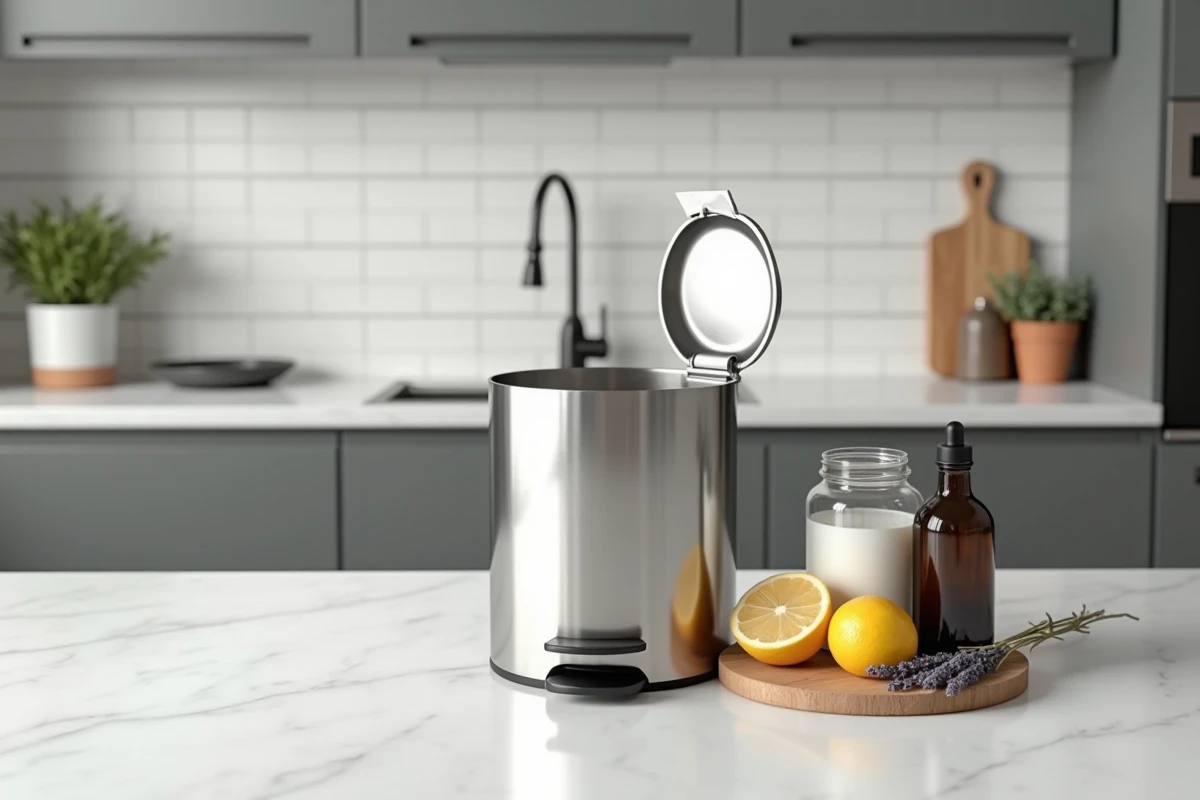 Poubelle de cuisine en inox entourée de produits naturels assainissants comme le bicarbonate, le citron et la lavande sur un plan de travail