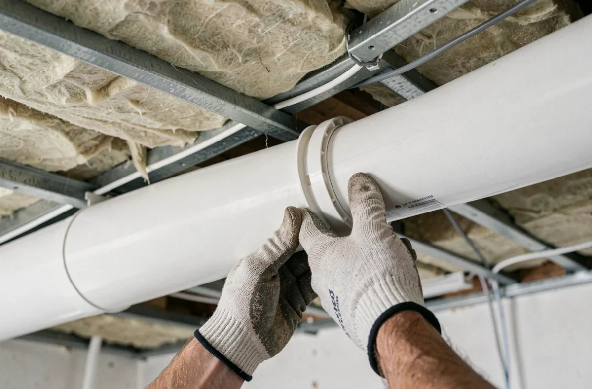 Gros plan sur l'assemblage d'un connecteur de conduit de ventilation Clinside dans un plafond technique résidentiel