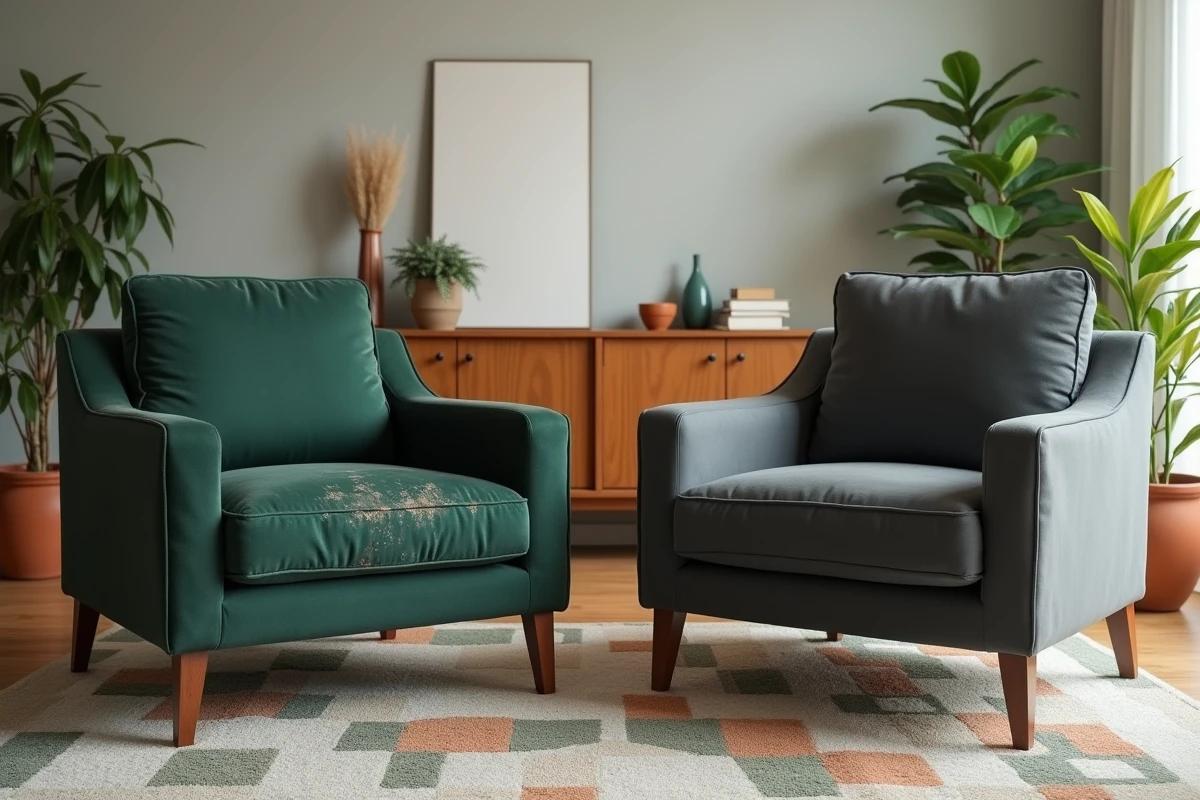Deux fauteuils côte à côte dans un salon, l'un abîmé et l'autre recouvert d'une housse extensible anthracite