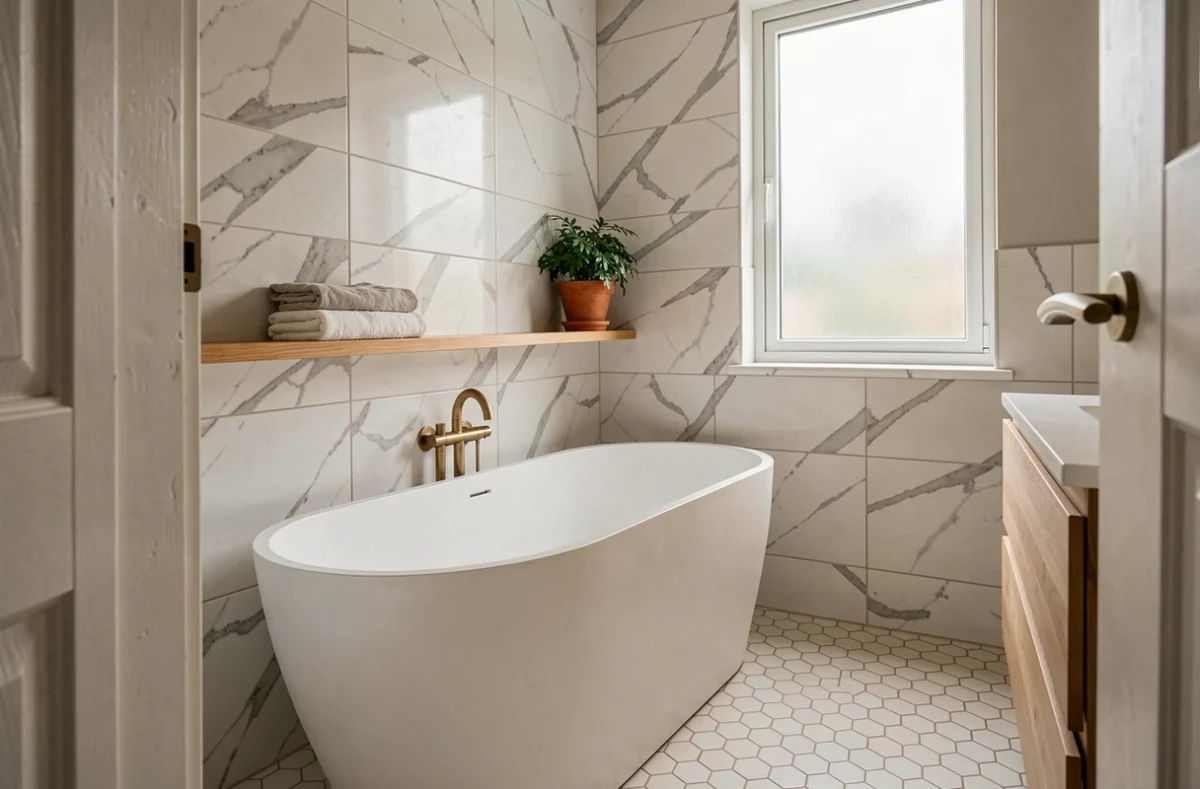 Petite salle de bain moderne avec baignoire compacte autoportante en acrylique blanc mat et carrelage en marbre blanc, optimisée pour un espace réduit