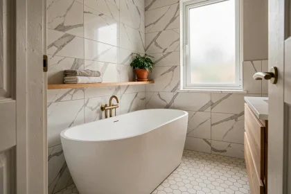 Petite salle de bain moderne avec baignoire compacte autoportante en acrylique blanc mat et carrelage en marbre blanc, optimisée pour un espace réduit