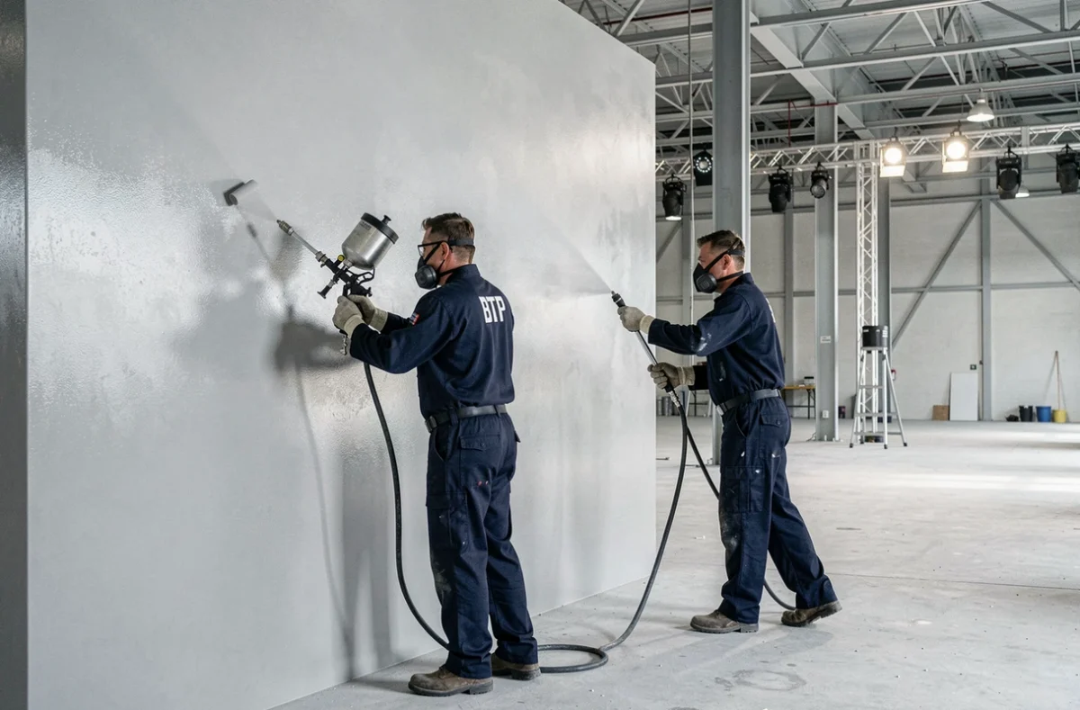 Équipe de Baude Peinture BTP réalisant des finitions de peinture dans un local commercial professionnel