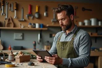 Un bricoleur quadragénaire consulte un magazine de bricolage en ligne sur tablette dans son atelier