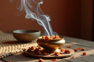 Brûleur d'encens arabe en laiton avec fumée de résine oud sur surface en bois rustique, ambiance marocaine chaleureuse
