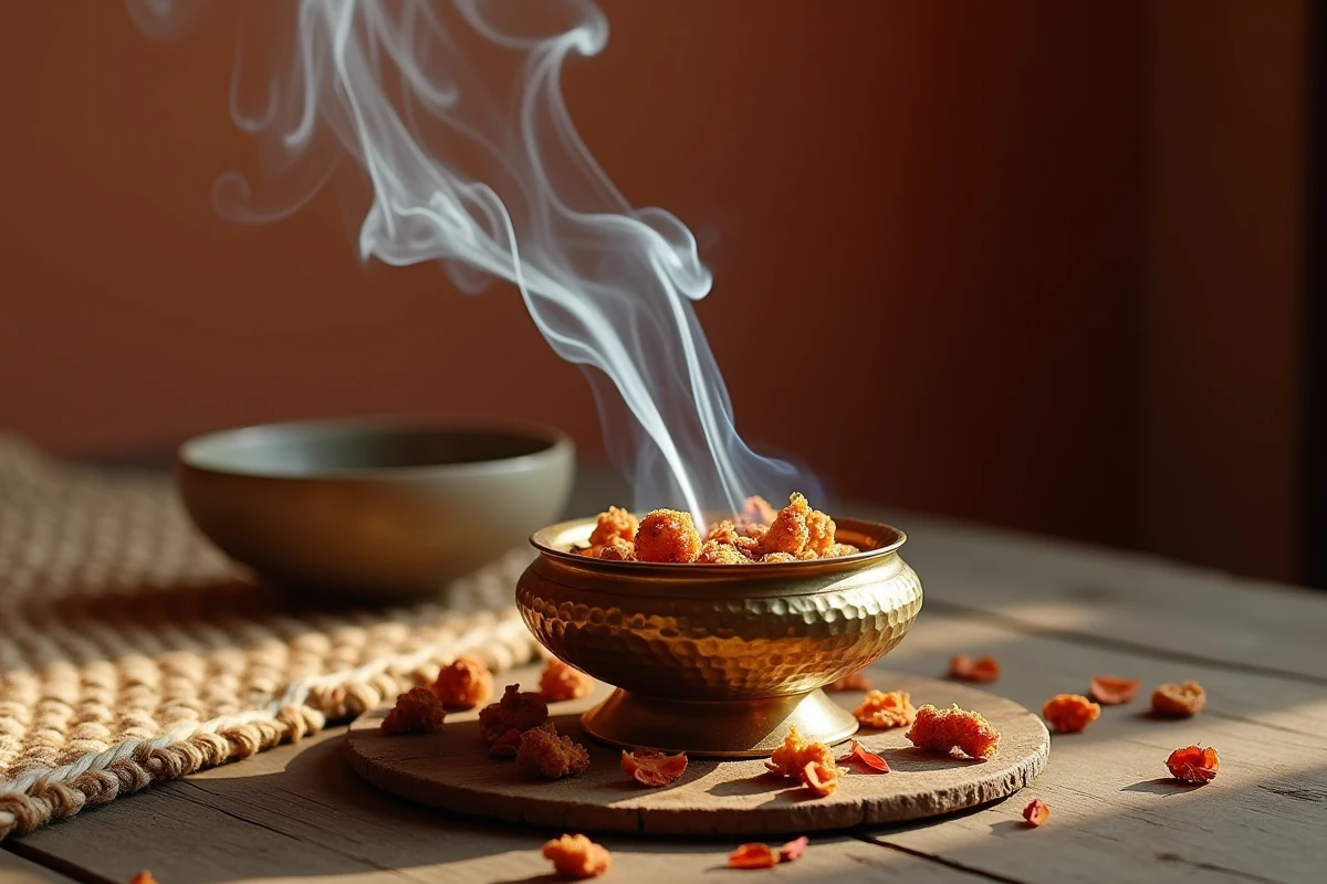 Brûleur d'encens arabe en laiton avec fumée de résine oud sur surface en bois rustique, ambiance marocaine chaleureuse