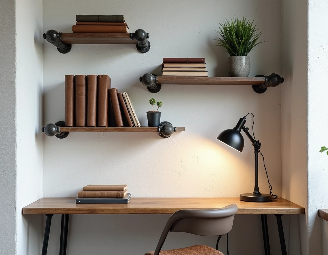 Coin bureau dans un petit appartement avec étagères en tuyaux d'acier, mur en béton et décoration murale de style industriel