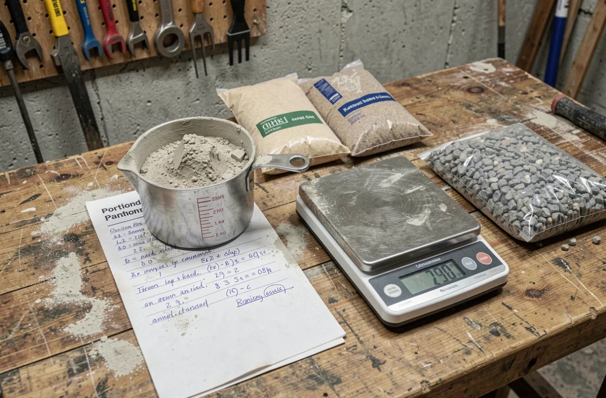 Plan de travail avec calcul manuscrit de dosage béton 350 kg, ciment Portland, sable et gravier pesés sur balance numérique