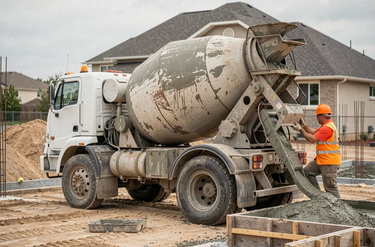 Camion toupie de béton prêt et coulage du béton sur un chantier de construction résidentiel
