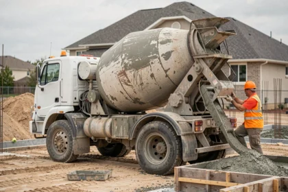 Camion toupie de béton prêt et coulage du béton sur un chantier de construction résidentiel