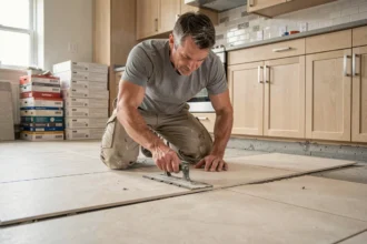 Carreleur professionnel posant des carreaux en grès cérame grand format sur un sol de cuisine en rénovation