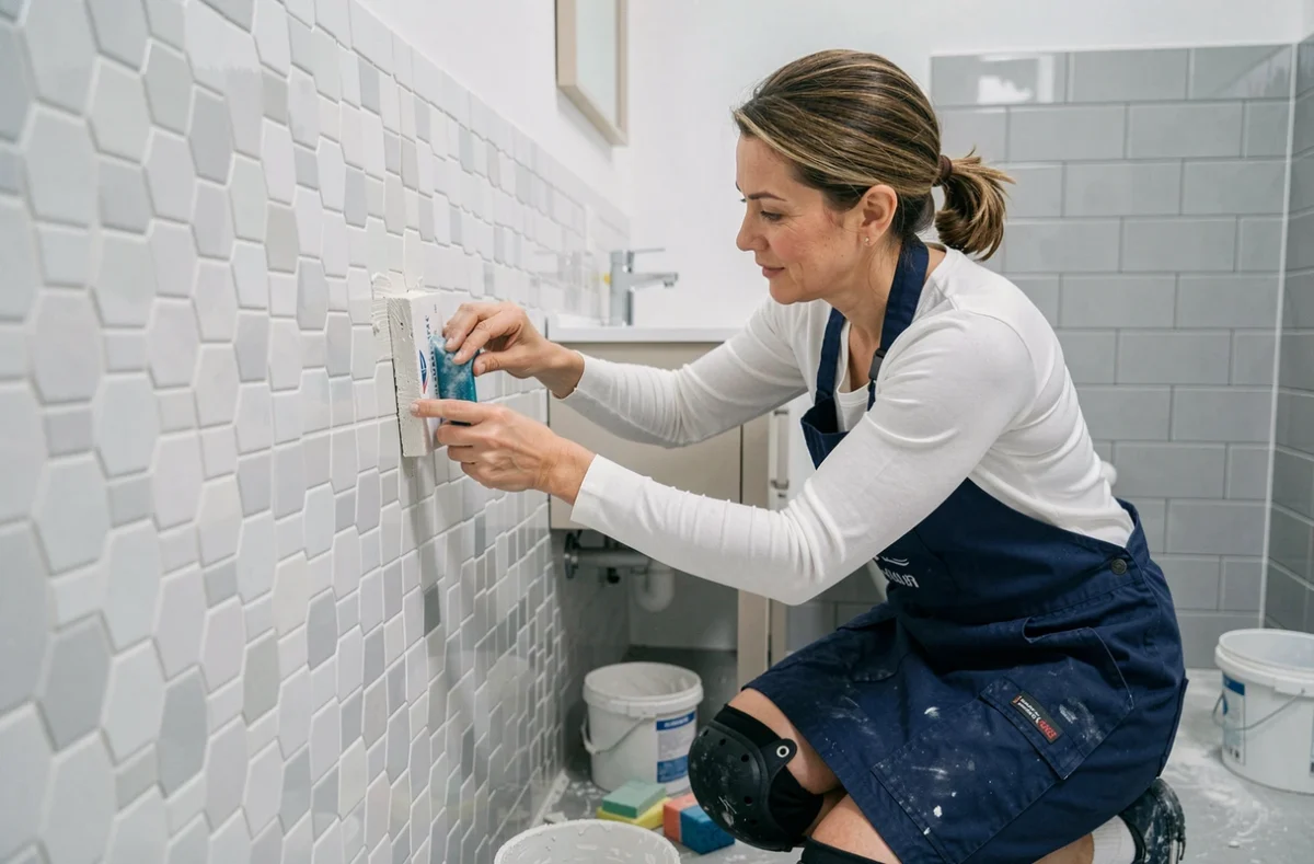 Carreleure appliquant du joint sur une mosaïque hexagonale dans une salle de bain en cours de rénovation