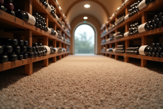 Cave à vin spacieuse avec gravier décoratif au sol