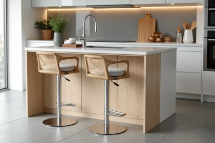 Chaises hautes de bar positionnées sous un îlot central en bois clair dans une cuisine moderne ouverte