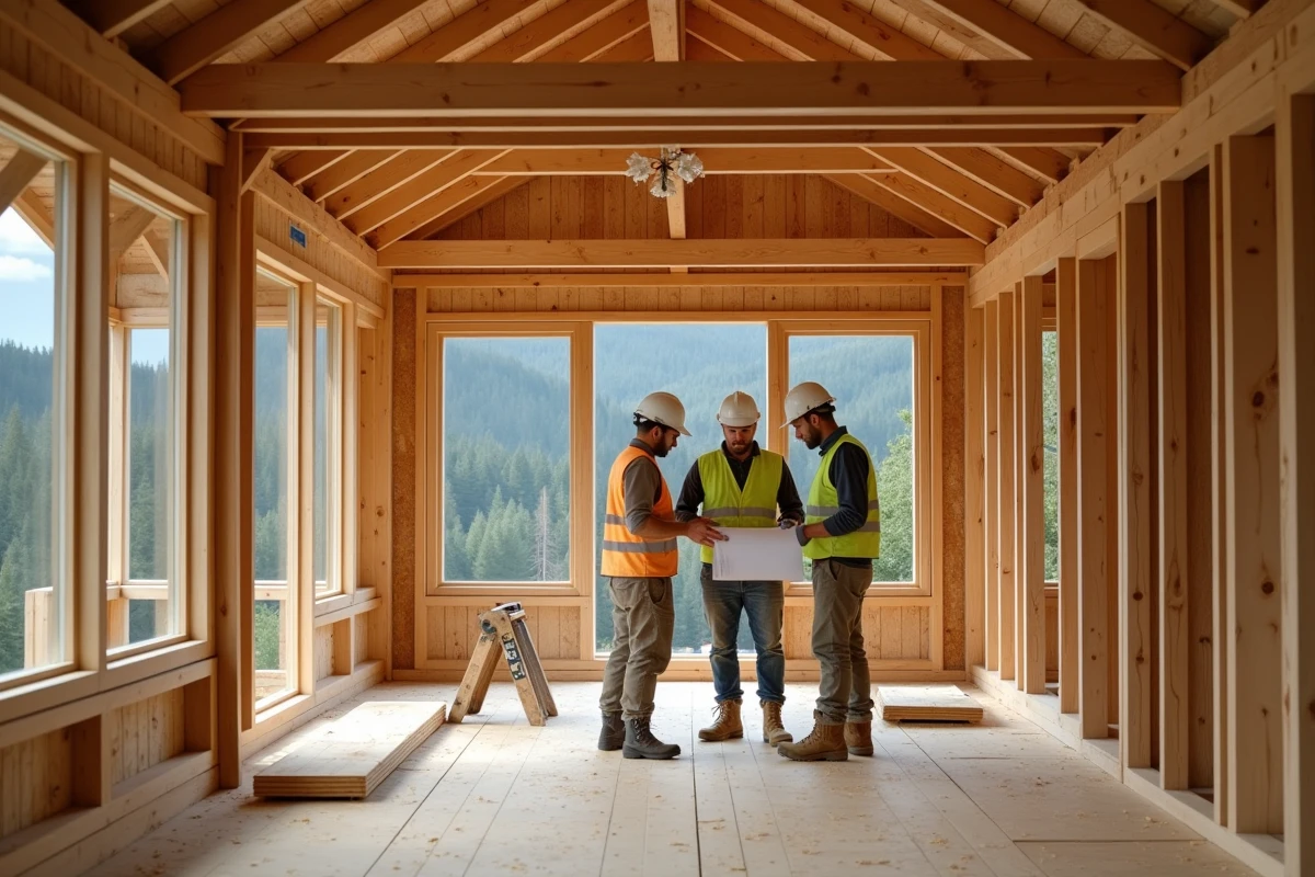 Construction d'un chalet bois 20m2 en cours avec ossature bois et ouvriers consultant les plans sur chantier en forêt