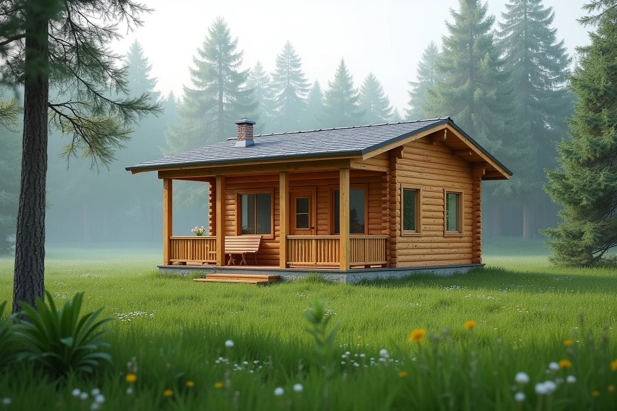Chalet en bois de 20m2 habitable avec bardage en bois naturel et toiture en pente, entouré de prairies et de pins