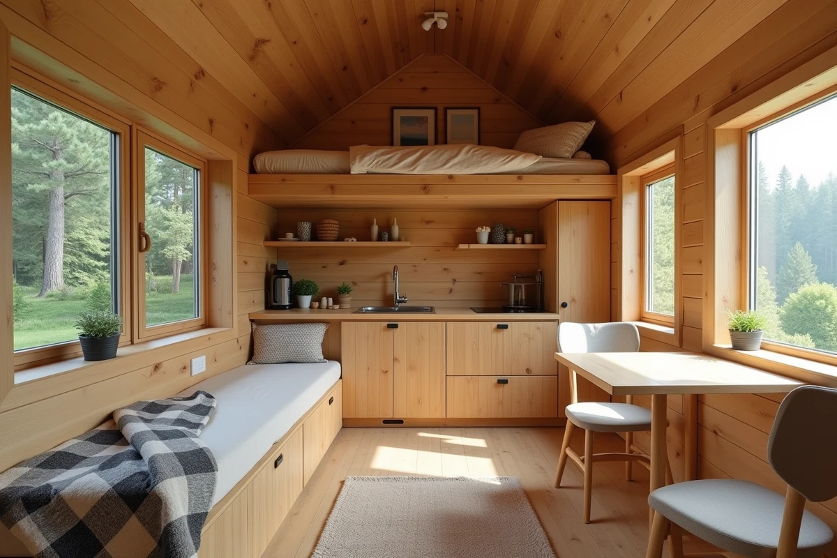 Intérieur optimisé d'un chalet bois 20m2 avec coin cuisine, espace repas et mezzanine de couchage