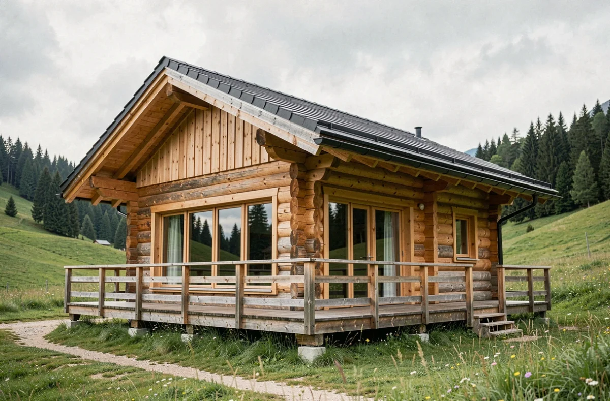Chalet en bois habitable livré monté de 80m2 installé dans une prairie alpine avec terrasse en bois et grandes fenêtres