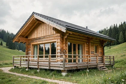 Chalet en bois habitable livré monté de 80m2 installé dans une prairie alpine avec terrasse en bois et grandes fenêtres