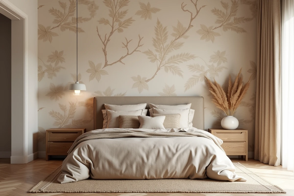 Chambre parentale cosy avec papier peint motif botanique beige et literie en lin crème