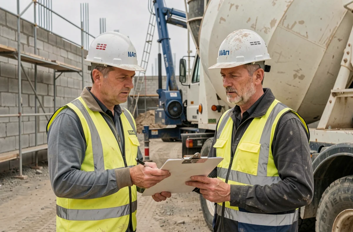 Chef de chantier et chauffeur de toupie discutant du bon de livraison de béton sur un site de construction