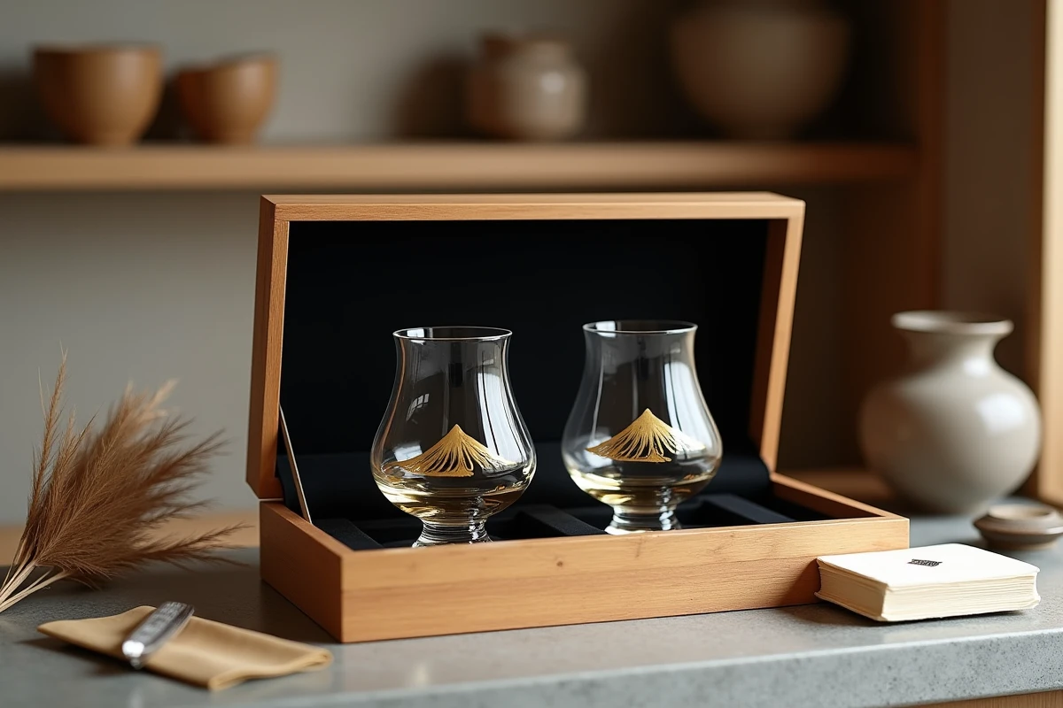 Coffret cadeau élégant avec deux verres à whisky japonais en cristal peints à la main, présentés dans une boîte en bois de paulownia avec velours noir