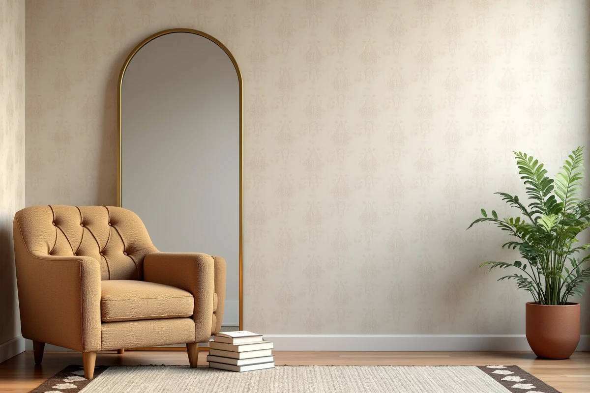 Coin chambre parentale élégant avec papier peint beige motif damassé et fauteuil en bouclé