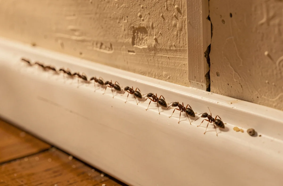 Colonne de fourmis longeant une plinthe vers une fissure du mur