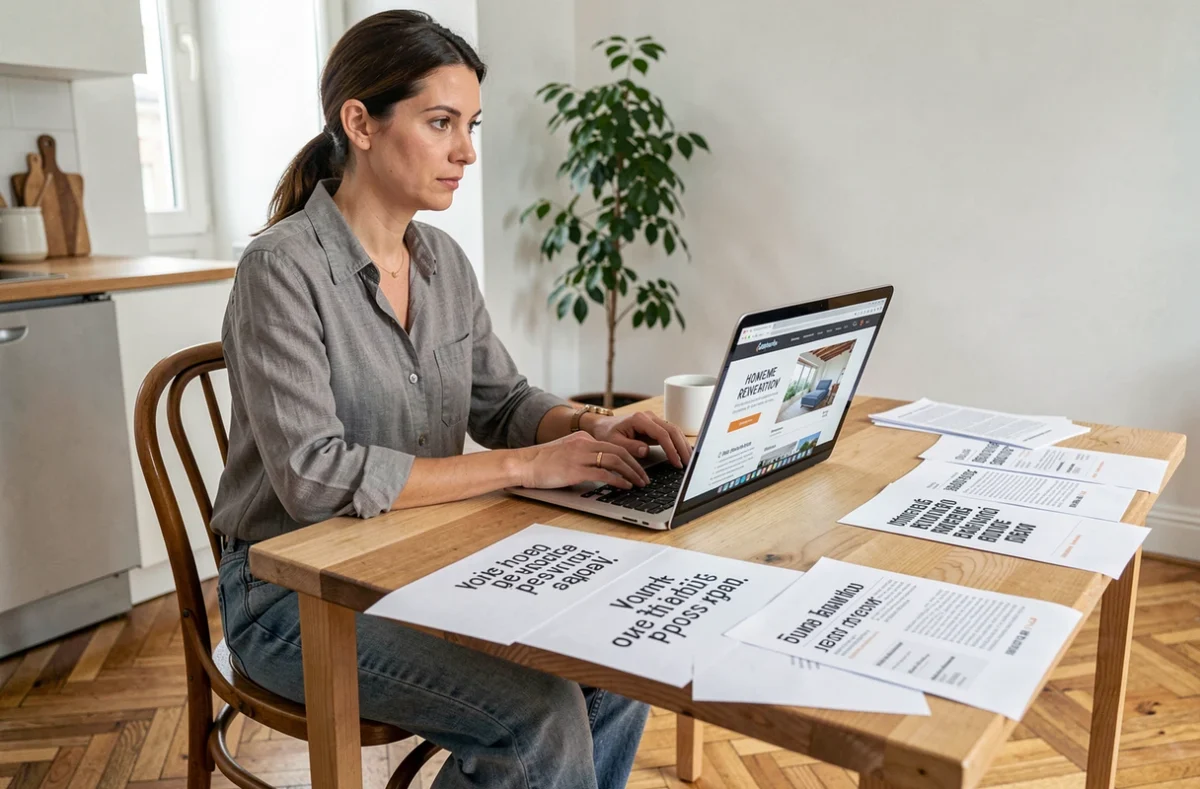 Femme comparant plusieurs devis de travaux sur une table avec un ordinateur portable ouvert sur un site de conseil en artisanat