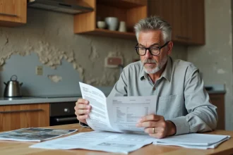 Homme comparant des devis de travaux de rénovation posés sur une table en bois dans une cuisine en cours de rénovation