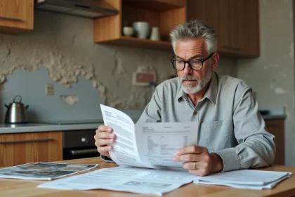 Homme comparant des devis de travaux de rénovation posés sur une table en bois dans une cuisine en cours de rénovation