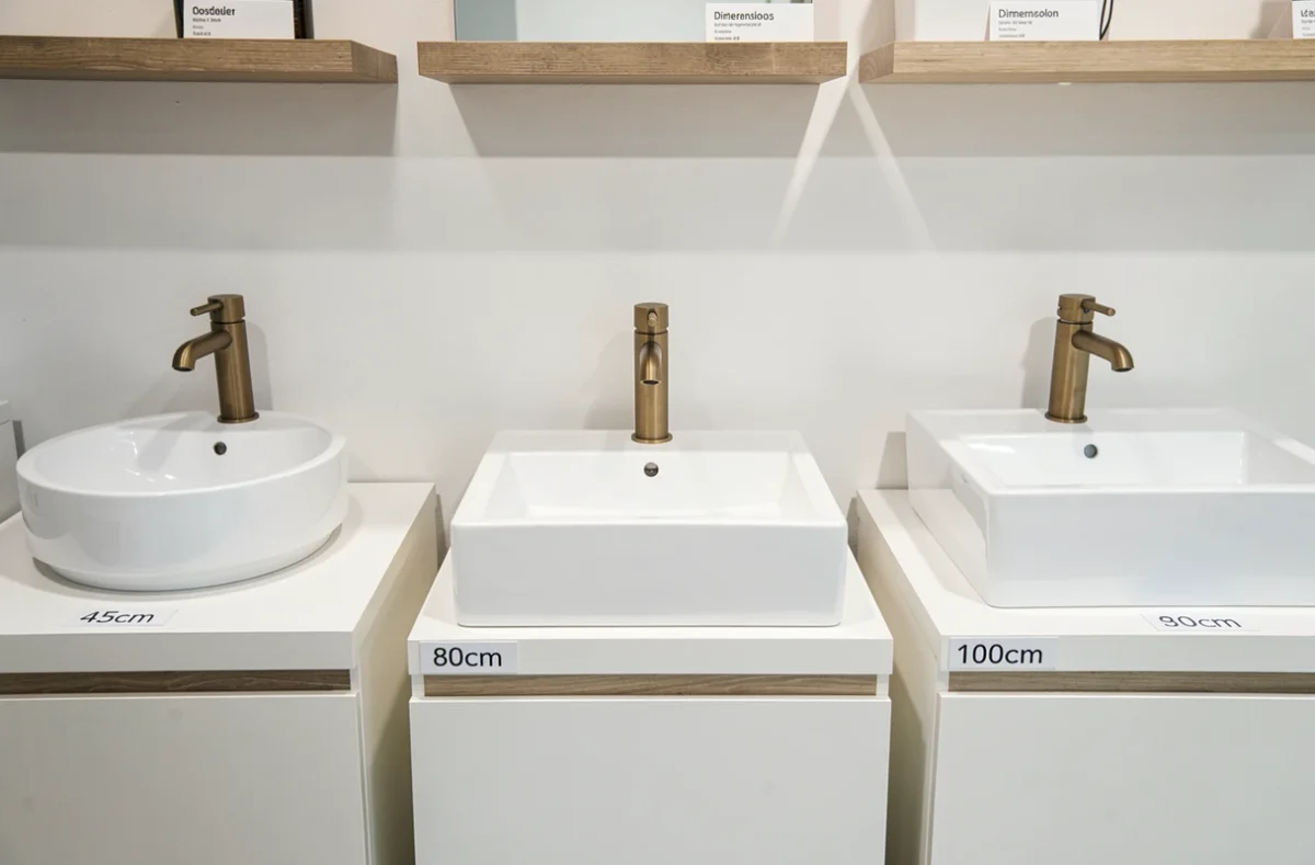 Comparaison de trois vasques de salle de bain sur meubles de différentes largeurs dans un showroom