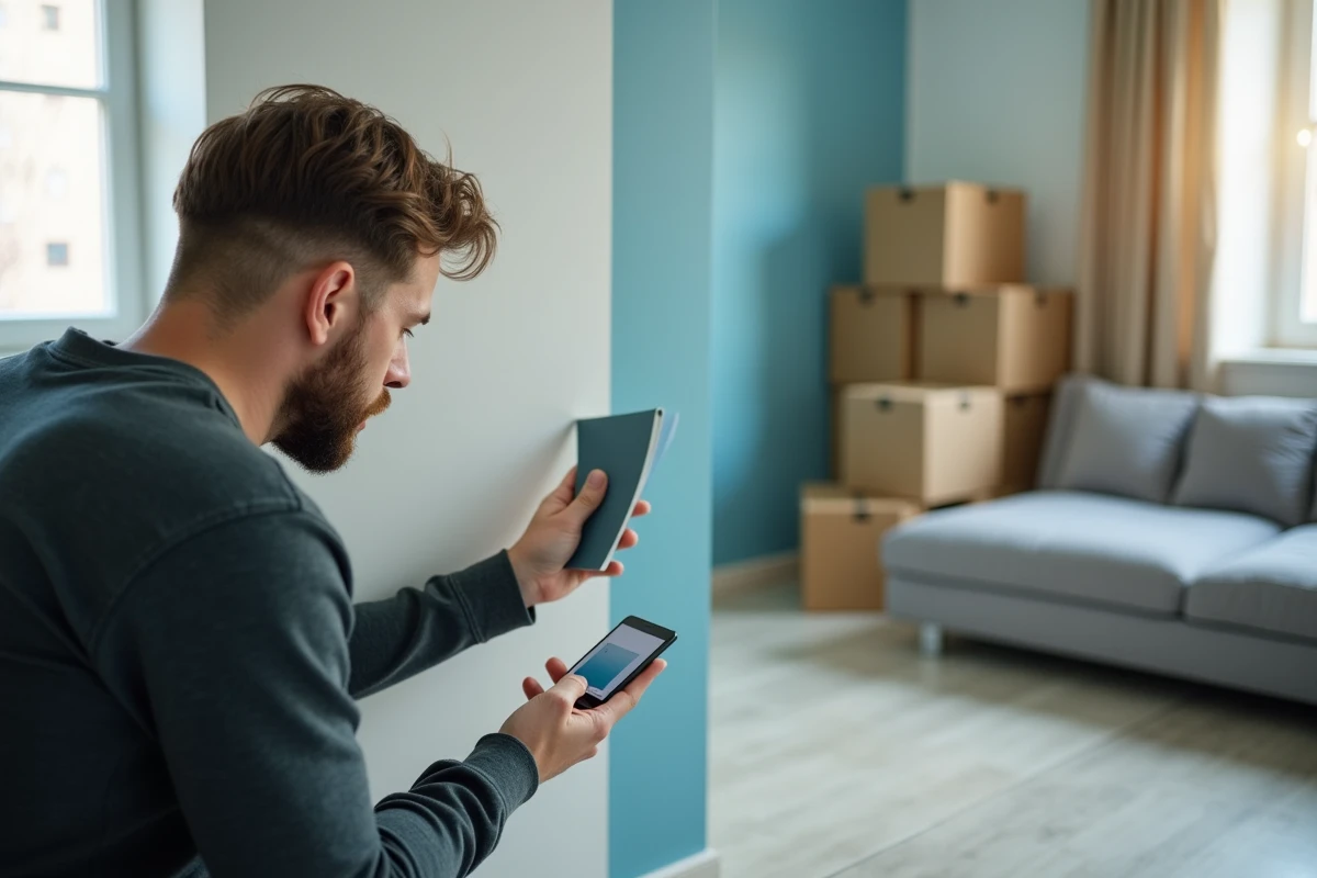 Homme comparant un échantillon de peinture physique avec un rendu virtuel sur smartphone dans un appartement minimaliste en cours d'aménagement