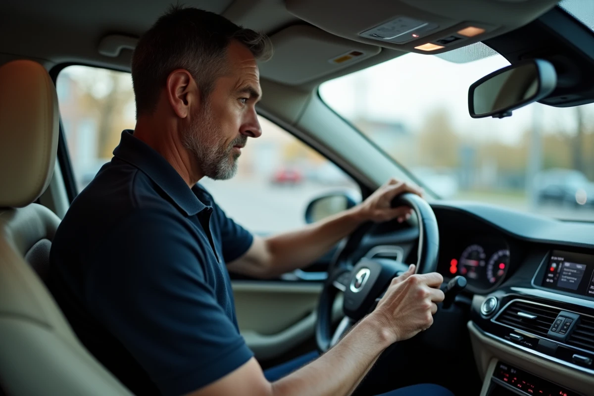 Conducteur perplexe observant les voyants du tableau de bord d'un système de détection de stationnement Angeleye