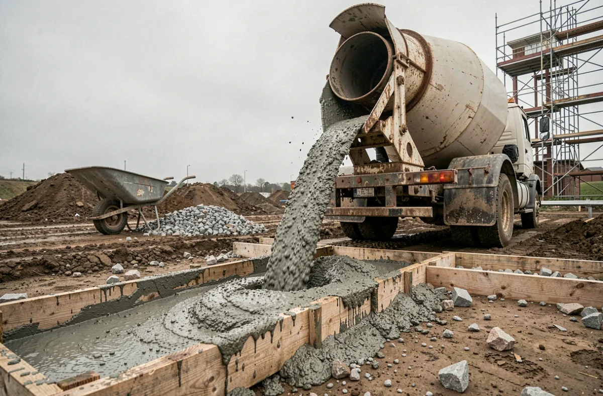 Coulage de béton depuis une bétonnière avec excès et pertes de matière visibles autour du coffrage
