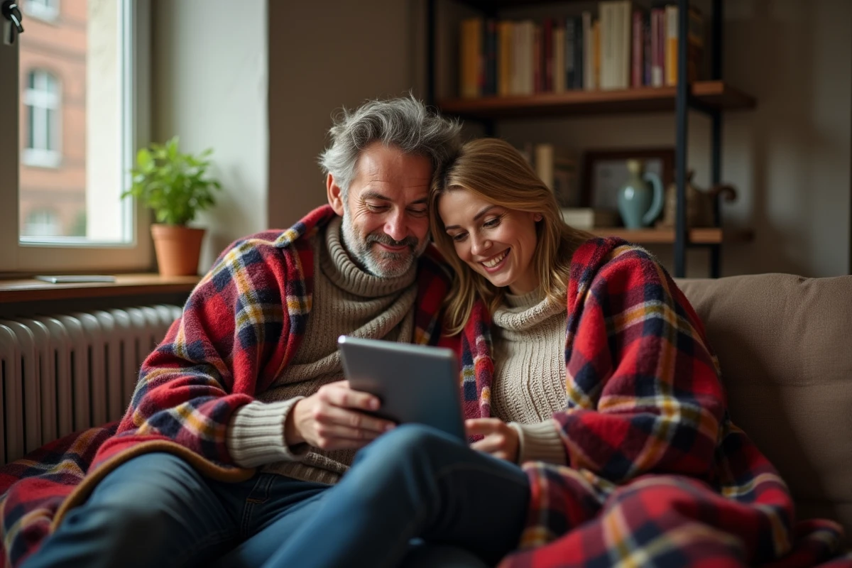 Couple consultant une application de gestion de chauffage sur tablette dans un appartement français
