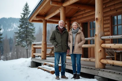Couple souriant devant un chalet en montagne enneigee