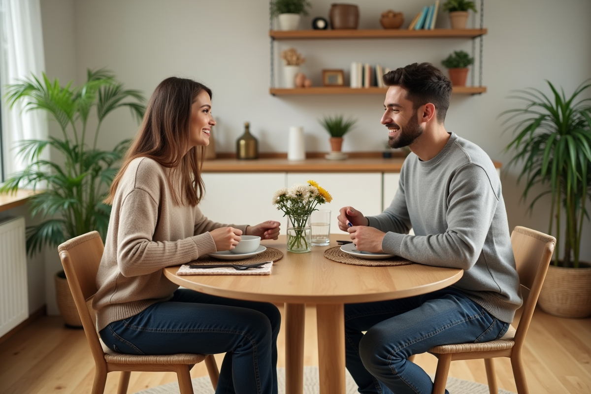Jeune couple discutant autour d'une table en intérieur