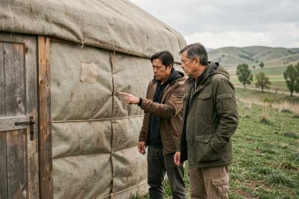 Couple examinant l'état d'une yourte en toile sur un terrain rural, pointant un défaut de la structure